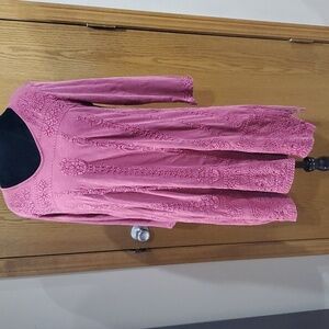 Karyn Seo nwt distressed boho red long sleeve embroidered long split tunic top